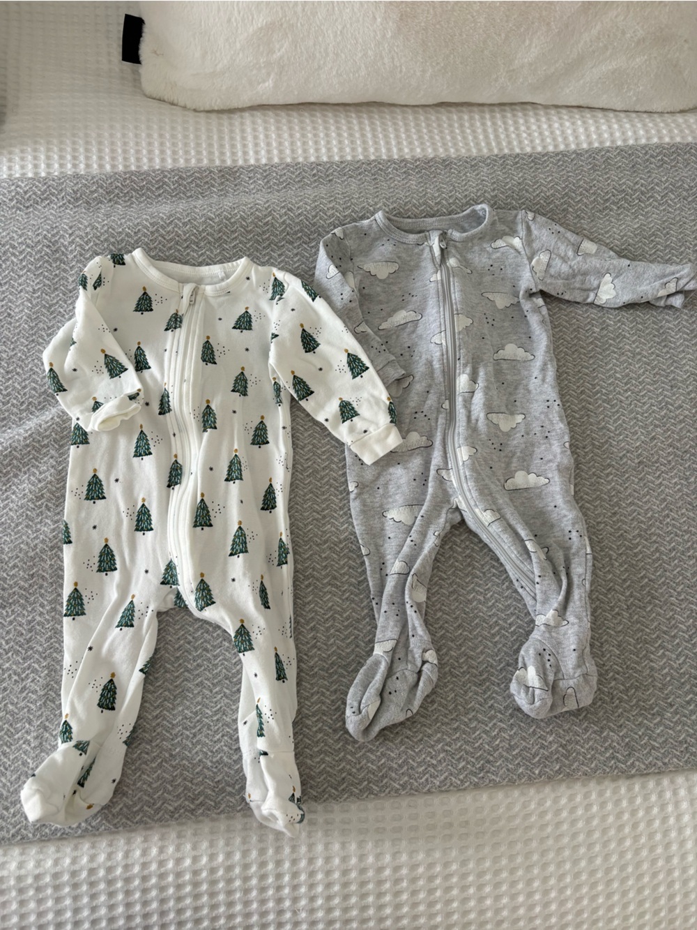 Baby Sleeper Zip Romper - White & Gray Cloud and Tree Print